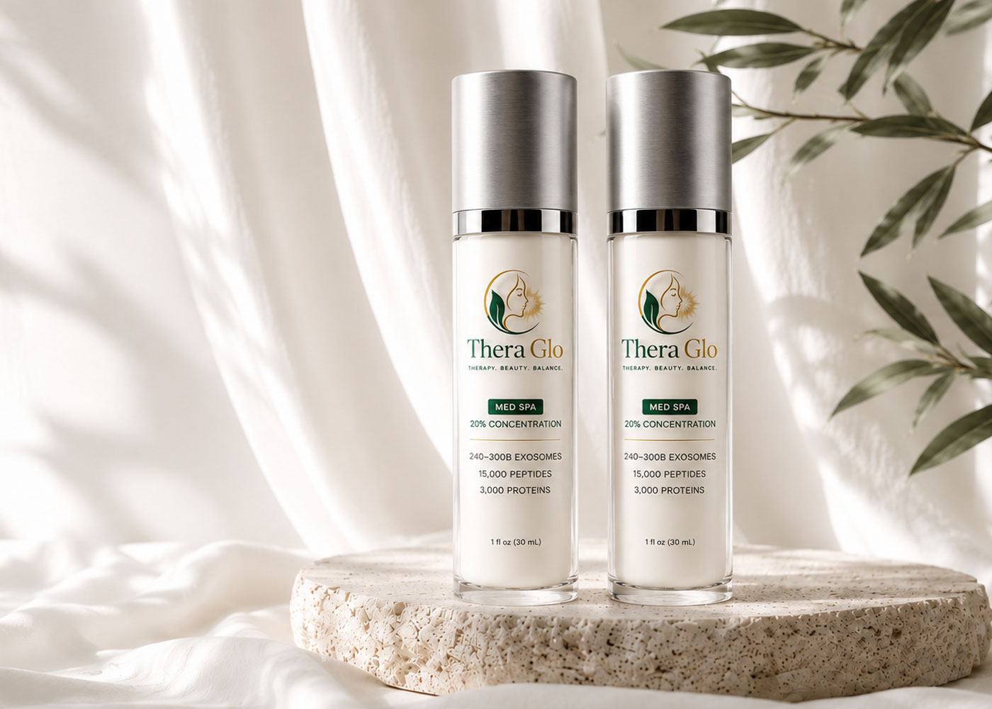 Two Thera-Glo cream bottles displayed on a stone surface
